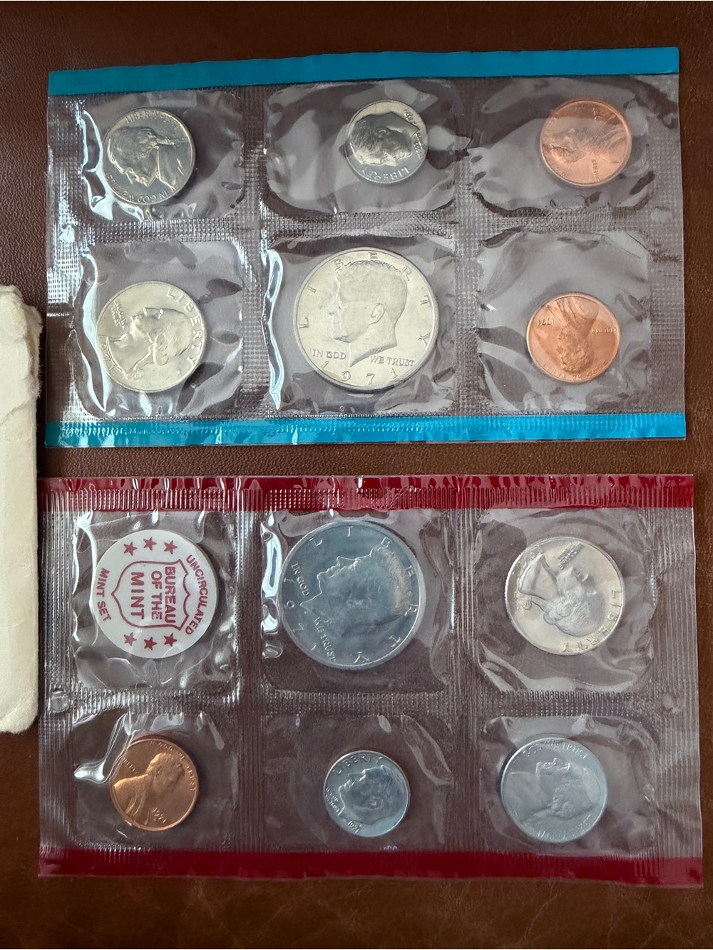 US Mint Uncirculated Coin Set in Clear Plastic Flap Wallets 1971